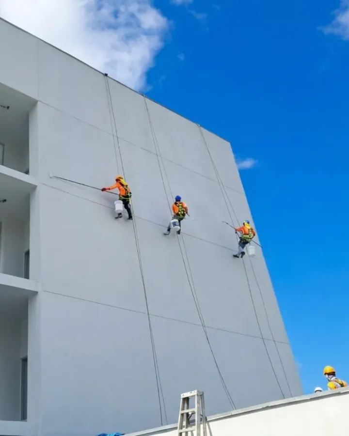 Cuadrilla de 3 pintores en descenso vertical en fachada exterior